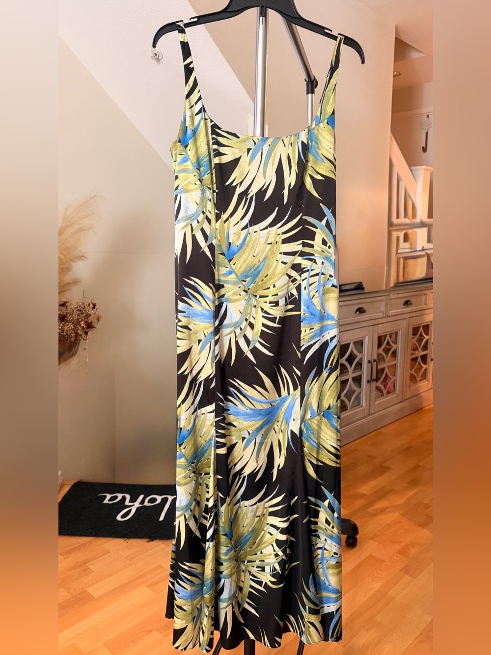Bar III Black Maxi Skirt with Blue & Green Tropical Leaves